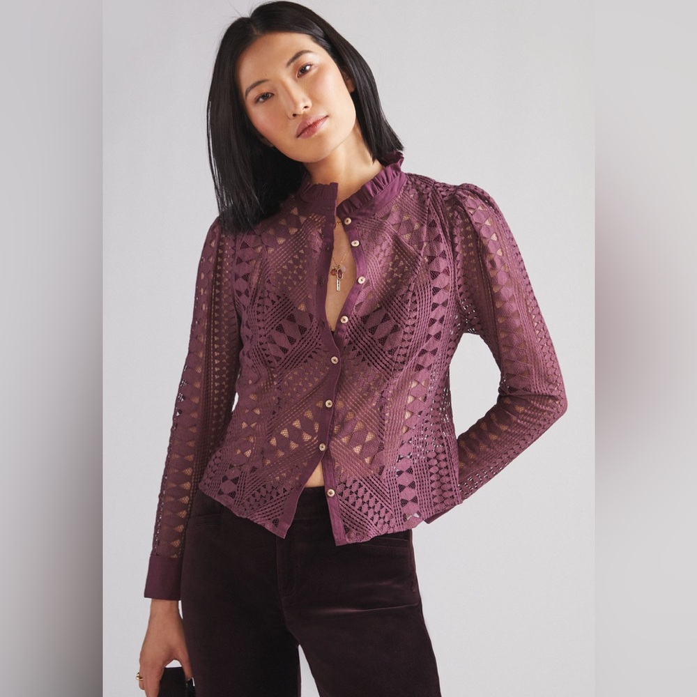 Anthropologie Wine Lace Buttondown